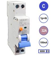 Aardlekautomaat 32A C KAR 100mA 2 polig 18mm breed Kema Keur 230V automaat en aardlek in een module - thumbnail