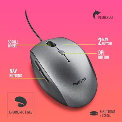 Muis NGS MOTHGRAY Grijs 1600 dpi