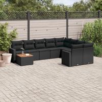 10-delige Loungeset met kussens poly rattan zwart - thumbnail