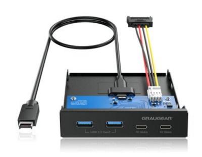 GRAUGEAR GMP02, G-MP02, 4 aansluitingen, 10 Gbit/s frontpaneel, 2 x USB-C + 2 x USB-A USB 3.2 Gen2 HUB, frontpaneel voor 3,5 inch schacht, USB 3.2 Gen2 Key A 20-pins header, metaal