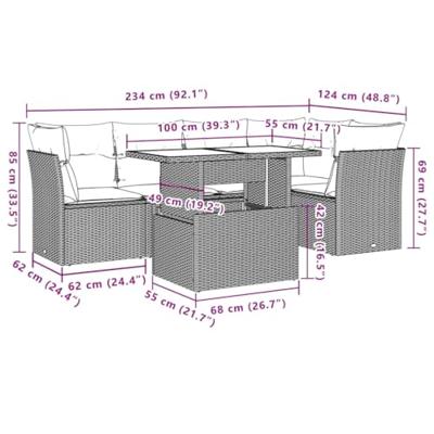 6-delige Loungeset met kussens poly rattan zwart