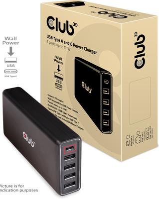 club3D Kabel USB-laadstation 111 W 4x USB-C, 1x USB-A USB PD Zwart Binnen
