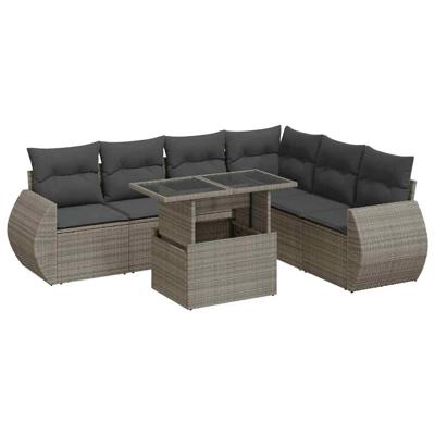 7-delige Loungeset met kussens poly rattan grijs