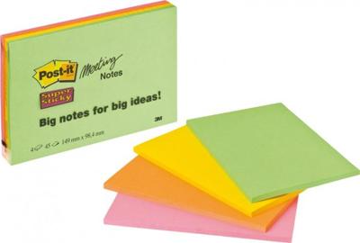Post-It Super Sticky Meeting notes, 45 vel, ft 101 x 152 mm, geassorteerde kleuren, pak van 4 blokken Post-It Super Sticky Meeting notes, 45 vel, ft 101 x 152 mm, geassorteerde kleuren, pak van 4 blokken