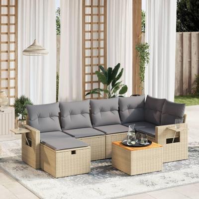 7-delige Loungeset met kussens poly rattan gemengd beige