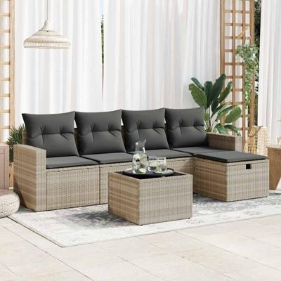 5-delige Loungeset met kussens poly rattan lichtgrijs