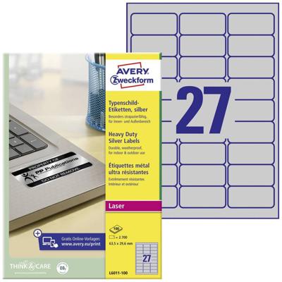 Avery-Zweckform L6011-100 Etiketten voor typeplaatjes 63.5 x 29.6 mm Polyester folie Zilver 2700 stuk(s) Permanent hechtend Laser (zwart/wit), Kopiëren Avery-Zweckform L6011-100 Etiketten voor typeplaatjes 63.5 x 29.6 mm Polyester folie Zilver 2700 stuk(s) Permanent hechtend Laser (zwart/wit), Kopiëren