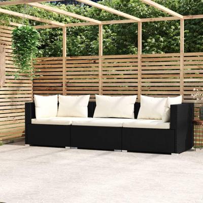 Driezitsbank met creme kussens poly rattan zwart