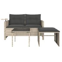 3-delige Loungeset met kussens poly rattan lichtgrijs - thumbnail