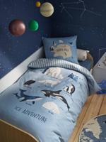 Bedset dekbedovertrek + kussensloop voor kinderen PÔLE NORD, met gerecycled katoen oceaanblauw - thumbnail