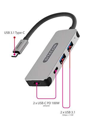 Sitecom CN-384 USB-C Hub 4 Port | USB-C naar 2X USB-C + 2X USB Port Adapter - voor MacBook Pro/Air, Chromebook en andere USB type C apparaten