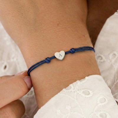 Gepersonaliseerde koord armband - Blauw - Zilver hartje
