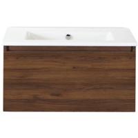 Frozen Badmeubelset 80 cm - Greeplijst in Kleur - Walnoot - Keramische Wastafel Wit Zonder Kraangat - thumbnail