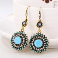 2 paar etnische zon bloem stijl Strass oorbellen lang Earbobs (Gold + licht blauw) - thumbnail