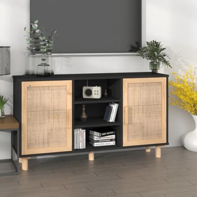 Dressoir 105x30x60 cm massief grenen hout en rattan zwart