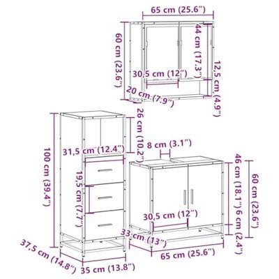 3-delige Badkamermeubelset bewerkt hout gerookt eikenkleurig