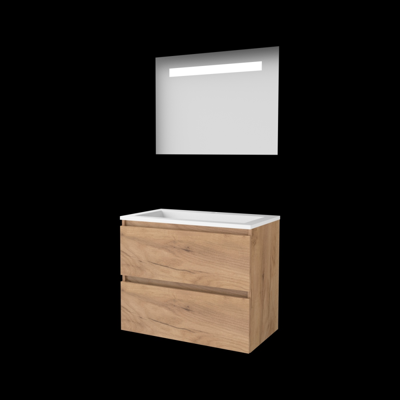 Basic-Line Economic 46 Badkamermeubelset - 80 x 46 cm - Greeploos - 2 Lades - Acryl Wastafel - 1 Kraangat - Spiegel met LED Verlichting - Whisky Oak