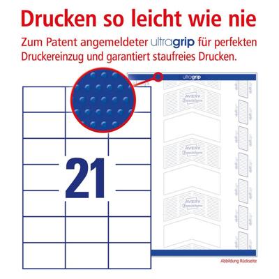Avery Zweckform 3652, Universele etiketten, Ultragrip, wit, 200 vel, 21 per vel, 70 x 42,3 mm