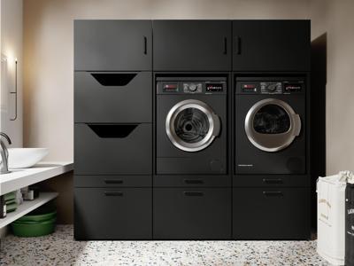 Kast WASHING 2 machines naast elkaar met kast voor wasgoed zwart met 3 opzekasten Kast WASHING 2 machines naast elkaar met kast voor wasgoed zwart met 3 opzekasten