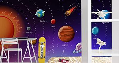 Fotobehang - Zonnestelsel met namen II, Kinderkamer, premium print, inclusief behanglijm