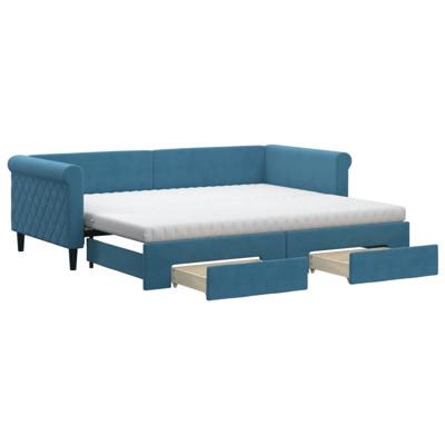 Slaapbank met onderschuifbed en lades 100x200 cm fluweel blauw