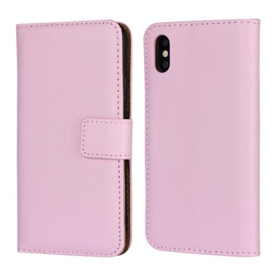 Lederen horizontale Flip holster voor iPhone X/XS met magnetische sluiting en beugel en kaartsleuf en portemonnee (roze)