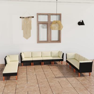 10-delige Loungeset met kussens poly rattan zwart