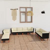 10-delige Loungeset met kussens poly rattan zwart - thumbnail