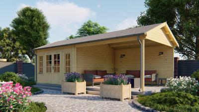 Blokhut Kwaspa 400x400 cm + luifel 400 cm - Honing geïmpregneerd- Zadeldak- Geïmpregneerd vurenhout- Tuindeco