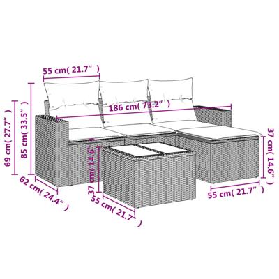 5-delige Loungeset met kussens poly rattan grijs