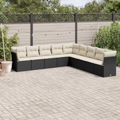 9-delige Loungeset met kussens poly rattan zwart