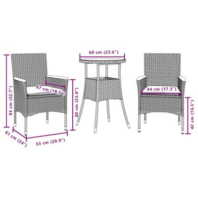 3-delige Tuinset met kussens poly rattan en glas grijs - thumbnail