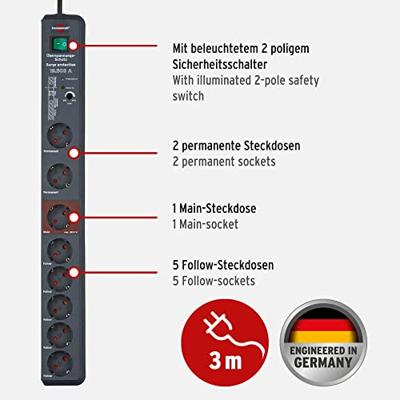 Brennenstuhl Secure-Tec overspanningsbeveiliging 19.500 A 8-voudig antraciet 3m H05VV-F 3G1,5 Master-Slave - 1159490936 - thumbnail