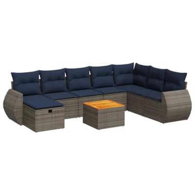 9-delige Loungeset met kussens poly rattan grijs