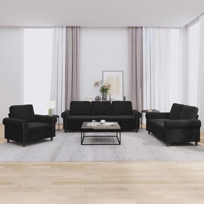3-delige Loungeset met kussens fluweel zwart - thumbnail
