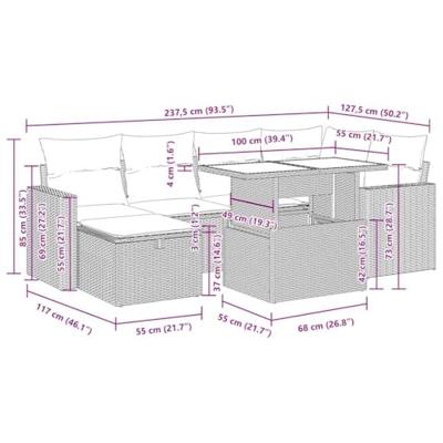 7-delige Loungeset met kussens poly rattan bruin