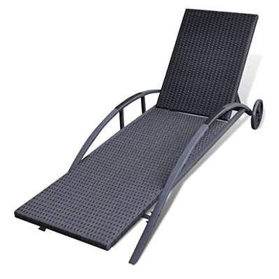 Ligbed met kussen en wieltjes poly rattan zwart - thumbnail