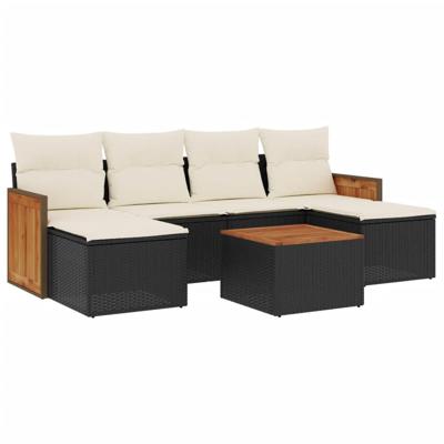 7-delige Loungeset met kussens poly rattan zwart