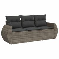 3-delige Loungeset met kussens poly rattan grijs - thumbnail