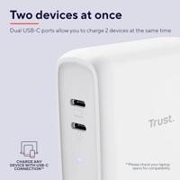Trust Maxo Oplader USB-C 65W, 2 USB-C Poorten, 75% Gerecycled Materiaal, Snellader Fast USB C Charger Reislader voor iPhone iPad Samsung Galaxy Steam Deck Smartphones Tablets Laptops - Wit - thumbnail