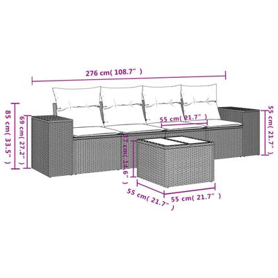 5-delige Loungeset met kussens poly rattan grijs - thumbnail