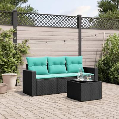 4-delige Loungeset met kussens poly rattan zwart