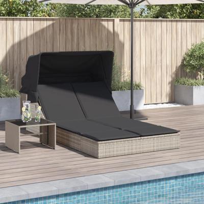 Ligbed 2-persoons met luifel en kussens poly rattan lichtgrijs Ligbed 2-persoons met luifel en kussens poly rattan lichtgrijs