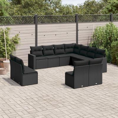 11-delige Loungeset met kussens poly rattan zwart