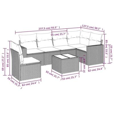 7-delige Loungeset met kussens poly rattan beige