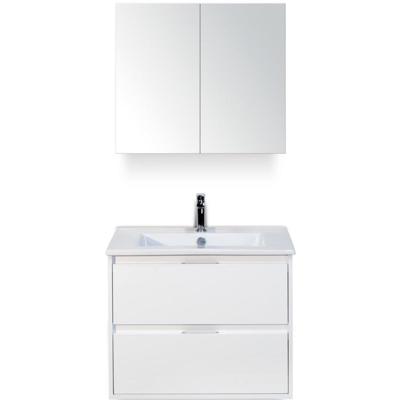Porto Badmeubelset 70 cm - Wit Hoogglans - Keramische Wastafel Wit Slim met Spiegelkast