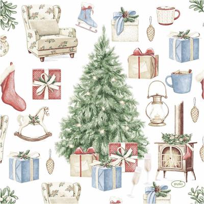 Duni 3-laags tissue servet tree and gifts 33x33cm wit, groen 20 stuks
