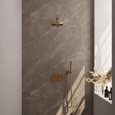 Brauer Gold Edition Thermostatische Regendoucheset Inbouw - Hoofddouche 20 cm - Rechte Wandarm - Met Drukknoppen - Handdouche Staaf - Doucheslang - Wandaansluitbocht - Geborsteld Goud