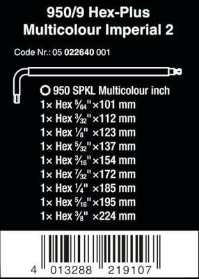 Wera 950/9 Hex-Plus Multicolour Imperial 2 Inbus Haakse schroevendraaierset 1/4 inch, 3/16 inch, 1/8 inch, 5/64 inch, 5/16 inch, 7/32 inch, 5/32 inch, 3/32