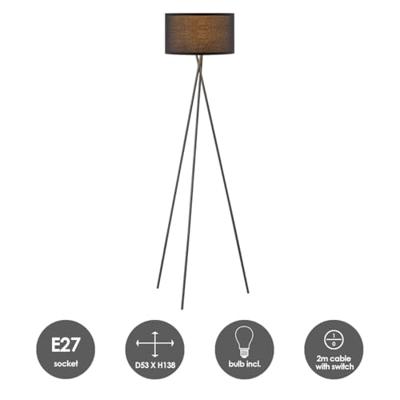 Moderne Vloerlamp - Zwarte Stoffen Lampenkap en Metalen Staande lamp - 53/53/138 cm - Inclusief LED E27 Lichtbron 9W 806Lm - voor Woonkamer en Slaapkamer - Met Voetschakelaar